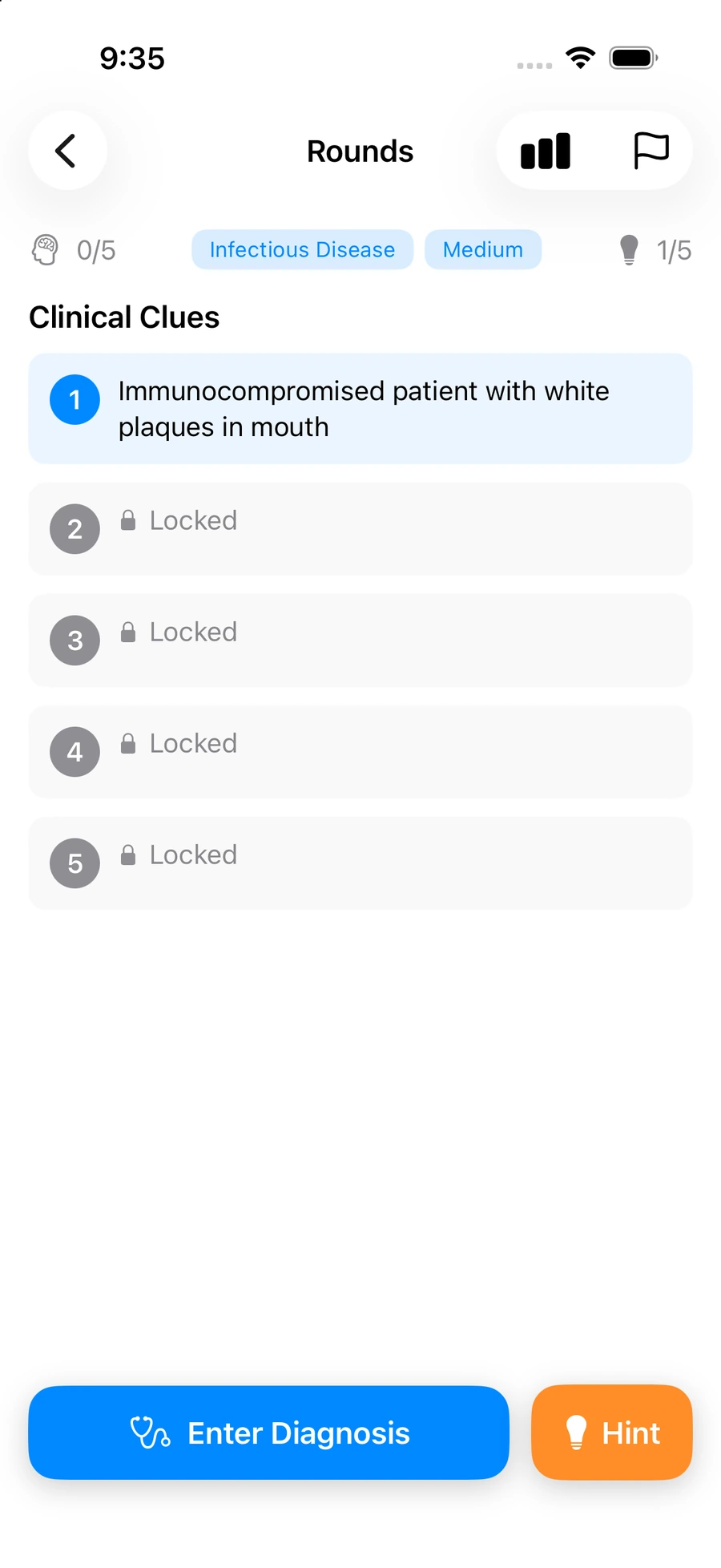 A Rounds case showing five clinical clues, only the first unlocked