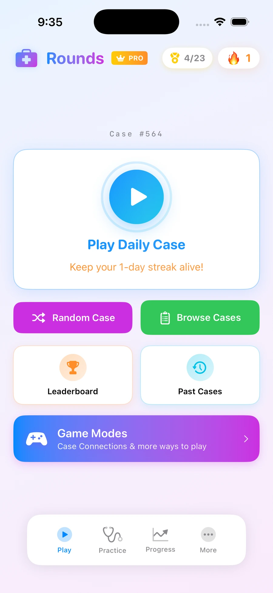 The Rounds home screen with the day&rsquo;s case and a streak counter