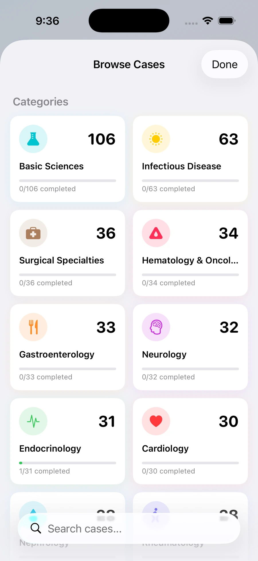 The case library, grouped by specialty with completion counts