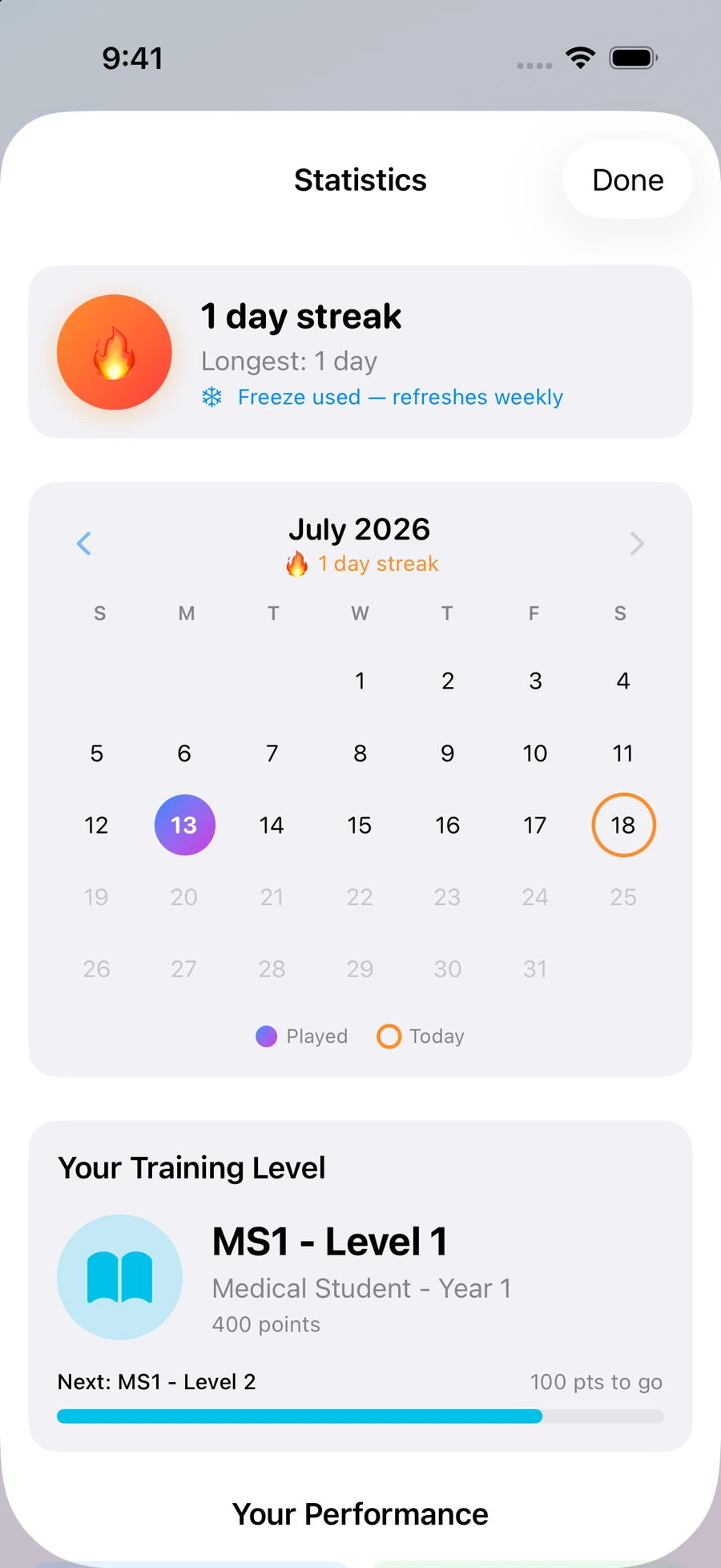 The statistics screen showing a streak calendar and current training level